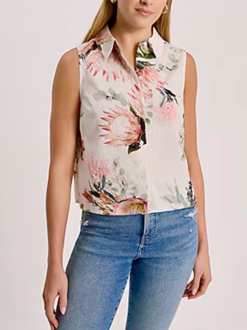 Express Linen-Blend Floral Sleeveless Portofino Shirt